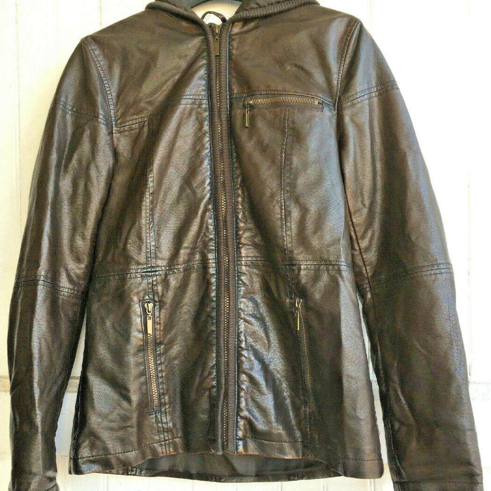 ESPRIT Moto Jacket  Faux Leather Sz S/M Hood Zips 3 Pockets Brown Fitted Lining
